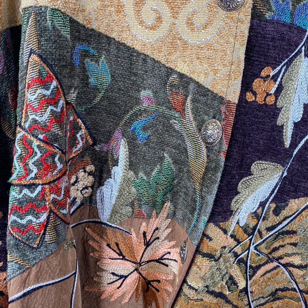 Alex Kim Jacket Tapestry Patchwork Mix Media Leaves Mulitcolor 5X Boho Eclectic - Picture 8 of 15